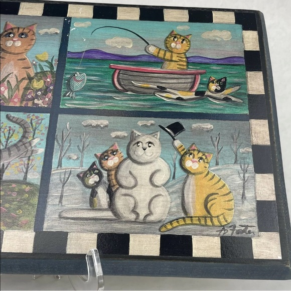 Hand Painted Cat Folk Art 4 Seasons Signed A D Foster On Wood Ready To Hang - Picture 4 of 12